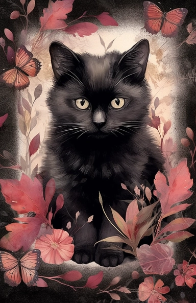 on this flat parchment paper there is a scrapbook composition with watercolor paintings of mysterious black cat surrounded by pink autumn leaves and flowers cliparts. this composition is in the style of dark academia, the black cat stands in the middle. t