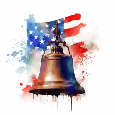 Liberty Bell, American flag, American,Clipart watercolor, travel, no watermark, text, brush , 300 DPI , typography, shapes do not stick together, no text in the picture