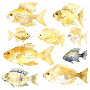 watercolor Gold line fish clipart, single designs