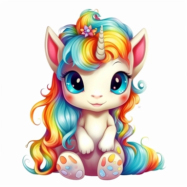 Cute Beautiful Happy Face Rainbow Baby Unicorn is sitting full body Sublimation Clipart ,Cartoon,hyper realistic, intricate detail, illustration style,high solution,on the white background