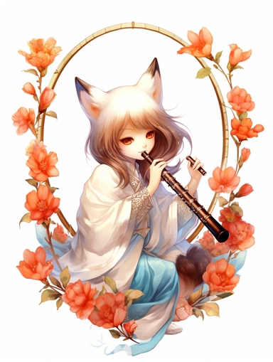 Chibi style, chibi style, Chinese traditional illustration, hill, Fox - faced girl in white, Playing the flute, Peony flowers beside, High quality, Super high image quality, Rich in detail, , a beautiful painting by Alphonse Mucha, clipart png, realistic, digital painting,fantasy style, realistic, painting, watercolor, 8k, ultra details,