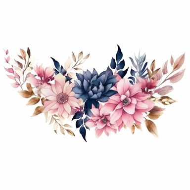 wedding floral clipart, floral rectangular border, watercolor, pink and golden and navy blue colors, isolated on white