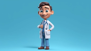 3d render. Human doctor cartoon character with stethoscope, looking at camera. Clip art isolated on blue background. sharp focus, intricate details, highly detailed, shoot by Sony A7R V 10fps, high resolution photography, hyper-detailed, 32k,