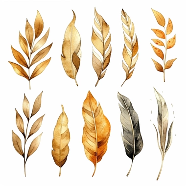 watercolor clipart gold leafs flashs tattoo, white background, realitic
