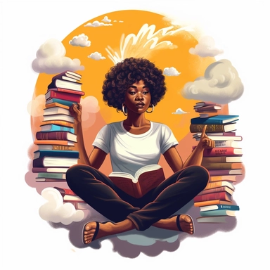 Create a captivating clipart illustration that depicts a beautiful black woman with a stylish short haircut, completely immersed in the enchanting world of books. With a serene expression on her face, she sits comfortably in a cozy chair, surrounded by a stack of books that stretches towards the sky.