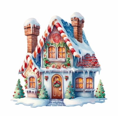 watercolor beautiful vintage Christmas gingerbread house candy house with icing fantasy clipart, whimsical, detailed watercolor style, on white background
