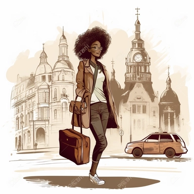 clipart of african american woman traveling through europe. white background