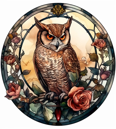 DESIGN A MAGNIFICENT AND EXQUISITE BREATHTAKING ONE-OF-A-KIND HIGH QUALITY HIGHLY DETAILED MASTERPIECE WATERCOLOR CLIPART ILLUSTRATION OF a stained glass owl in a circle with roses, in the style of mechanical realism, detailed character design, detailed character illustrations, WHITE BACKGROUND
