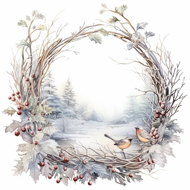 stunning christmas frame made of snowy branches , beautiful Christmas clipart, soft faded colors, beautiful watercolor art by Marjolein Bastin, Thomas Kinkade, Carl Larsson, Norman Rockwell, Susan Wheeler