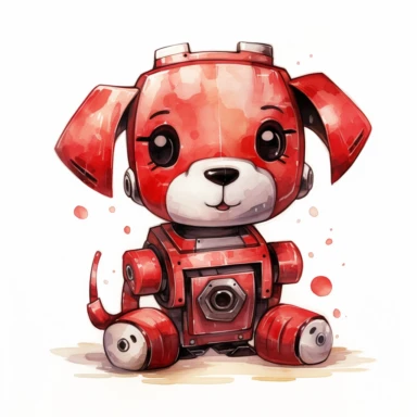 watercolor kawaii red robot dog clipart on a white background