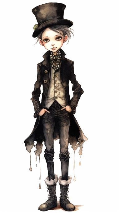 watercolor mixed media goth steampunk boy entire body illustration clipart by holly hobbie