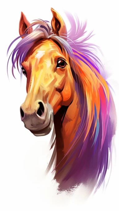 funny horse cartoon clipart, in the style of brushstroke-intensive portraits, airbrush art, #vfxfriday, distinctive noses, violet and orange, uncommon perspectives