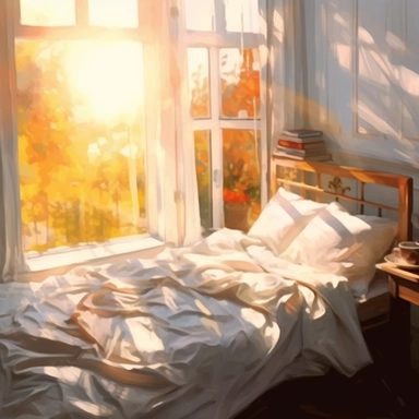 The morning sunlight shines into the window, and there is a bed in the room with oil paintings, White background, Clip Art Style