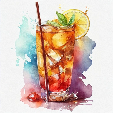 Watercolor Colorful glass of Drink Long Island Iced Tea Clipart ,high quality, highly detailed, watercolor , hand-drawn animation , vibrant color, bright colors, romantic, , watercolor,