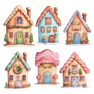 very simple watercolour childrens book style drawing of different cute gingerbread houses, pastel colours soft on white background for clipart, 8k