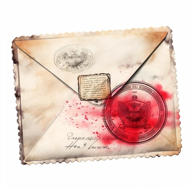 stamped envelope with red stamp, detailed, watercolor, clipart, white background