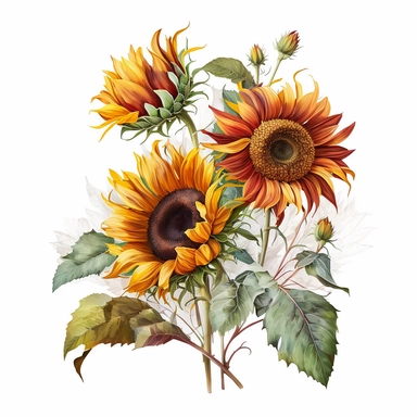 watercolor clipart illustration of a sunflower bundle. Use warm, vibrant colors and make the overall style of the illustration cheerful and uplifting. All white background.