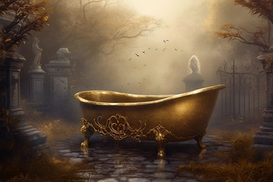 realistic clipart gold bathtub in foggy enchanted cemetery graveyard, digital painting