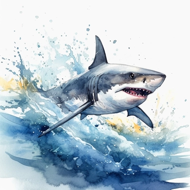 watercolor clipart consist of Shark jumping out of the water. Put the shark outside the water. Differentiate the shark and the water. The shark is out of water to chasing some bird. The shark is fullbody with realistic proportion as original great white shark. Produce very high detailed shark. Left some empty white space around the image frame