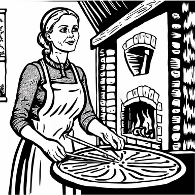 Norwegian woman forty years, putting lefse in oven, Black and white illustration, pizzaoven made of bricks, clipart, circle shaped logo, lineart, cartoon