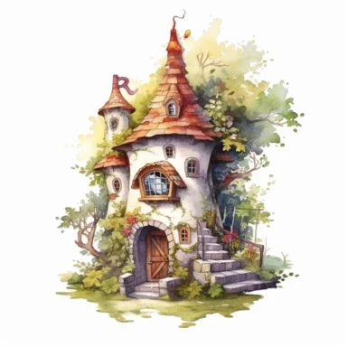 a watercolor fairy house clipart, as its detailed design invites you to explore the nooks and crannies of a whimsical dwelling filled with secrets and wonder, fantasy style, magical world, 8k, fantasy style, white background