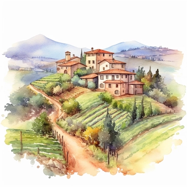 Charming Tuscan Village Watercolor: A picturesque watercolor clipart representing a charming Tuscan village with its rustic houses, rolling hills, and vineyards, capturing the beauty of the Italian countryside. (Watercolor, no background)