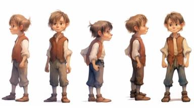 Watercolor , illustrations clipart, character sheet ,cute little boy  Hansel EDIM ( hansel character from the hansel and gratel fairy tale) in poor clothing, various emotions--seed 900