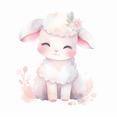 baby girl sheep flat illustration in watercolor style clipart, cartoonish, isolated, on white background