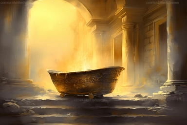 realistic clipart gold bathtub in foggy enchanted greek ruins, digital painting