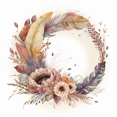 intricate and detailed watercolor circle border for wedding clipart masterpiece of boho floral arrangement with boho flowers and feathers and leaves, exquisite realism caricature style with excellent depth color shading, use of fabric, soft and subtle colors of watercolor style, plain background