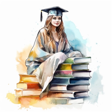 beautiful cartoon graduation girl sitting on the huge pile of books clipart, wears cap and cloak, woman empower, clear distinct with the white background, watercolor, no comment, 8k,