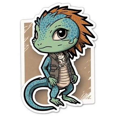 small cute anthropomorphic Chibi lizard animal, dressed like a woman, wearing jeans and t-shirt, clipart, in sticker style, in comics style, cell shading