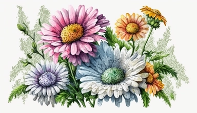 watercolor daisy flowers bouquet, isolated, white background, clipart, vibrant colors