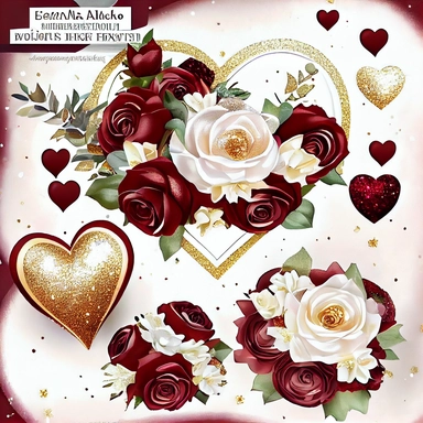 beautiful, extremely detailed, realistic, light burgundy and white roses, good lighting, clear and sharp on elegant, sparkling, detailed, gold glitter, puffy satin hearts, Watercolor Valentine's day wreaths and clipart, Hand painted hearts,