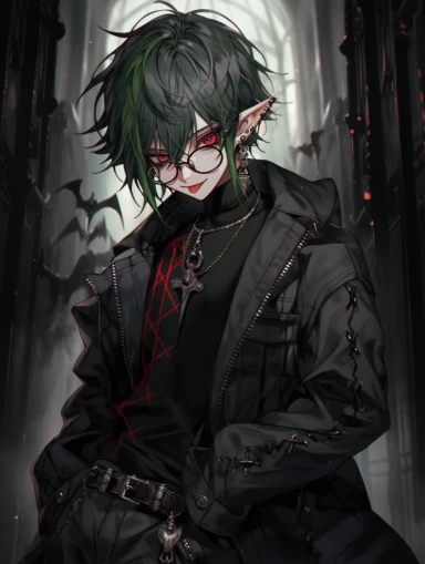 anime boy, messy dark green hair, red eyes, sharp teeth, choker necklace, grey black striped sweater, black pants, hair clip, goth, punk, red, gothic, lip ring, round glasses, pointed ears, vampire, gothic background, church, black jacket, full body, man, male, tattoos