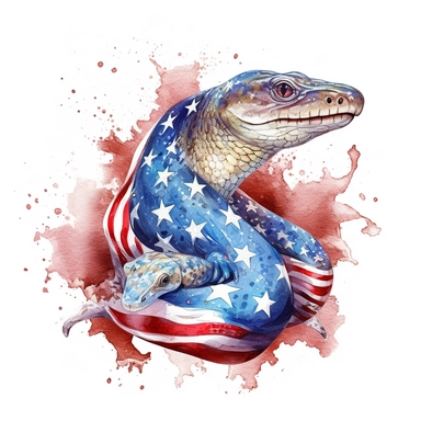 medium shot, low angle, watercolor style, Moray eel, patriotic pattern, Stars and Stripes, red, white, blue, hyper-realistic animal illustrations, 2d game art, quadratura, clipart, on white background,