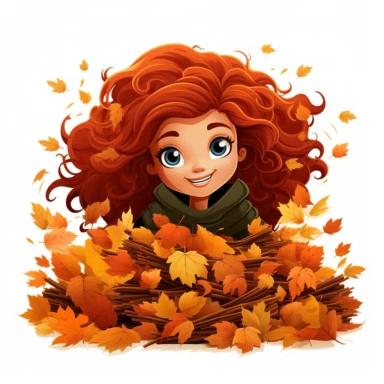 A princess merida from Disney franchise sneaking out her head out of maple leaves stack, so many maple leaves in the center of the image,smiling, halloween, pixar style, clipart, white background , fall scene, swag cut
