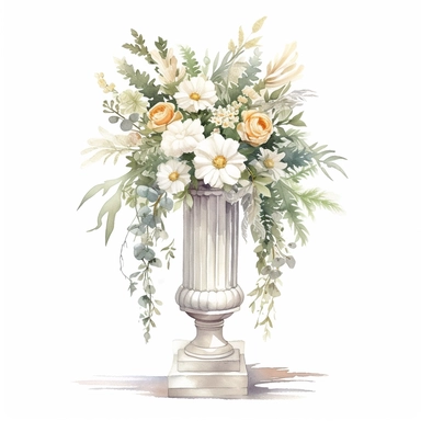 watercolour beautiful realistic white floral real wedding flower spray on roman pillar tall stand realistic elegant wedding floral display stand with white glitter wedding flowers ,build a family style clip art illustrated clip art graphics , PNG image,transparent background ,ultra highly detailed, 18k, sharp focus, bright photo with vibrant colours, digitally enhanced,photographic, enhanced graphics, png format, straight, sharp focus, bright lighting, intricate detailed png image ,high definiti