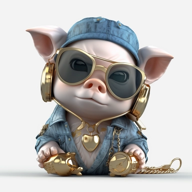 ticker, clipart, anime, cartoon, ghibli, cute pig cub with sun glasses and headphones, dressed with jeans and hoodie, golden chains, computer, headphones, 3D, disney pixar style, puppy eyes, looking at athe camera, white background ,high definition, high resolution, highly detailed, 16K