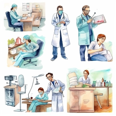 watercolor doctor related scenes  Products for dentists to screen, diagnose & treat patients, illustrations clipart set, simple, , cartoon elements ,different variants , nurse, doctor, ,separate elements with a margin