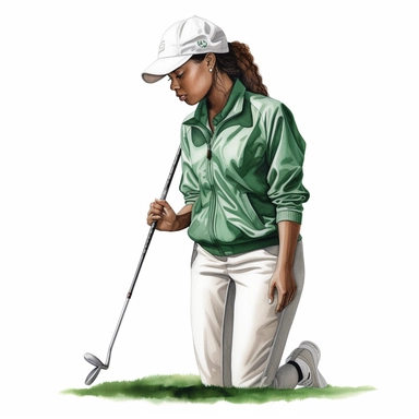 Idyllic watercolor clipart of a young modern African american female golfer in close fitting sports golf clothes standing with his putting club on the putting green, isolated on a pure white background, insane detail,
