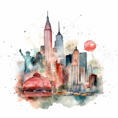 1 detailed travel clipart New York in the style of Watercolor clip art, clipart, on a white background