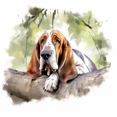 Serene Basset Hound lounging under a shady tree, with droopy ears and a calm expression, white background, watercolor clipart
