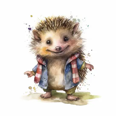 a moving hedgehog dressed up, dressed up, happy smiling face, cute animal, adorable, playful atitude, adorable watercolor animal clipart, no background, high quality and very sharp image with clear focus