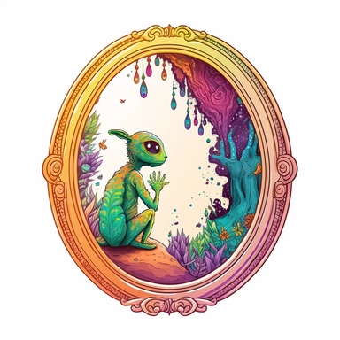 Illustration in boho style, clipart, sublimation drawing Alien in the Looking Glass. Bright colorful colors. White empty background, high quality 8k, quality detail
