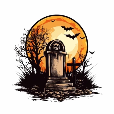 A scary looking tombstone for halloween with large full moon behind it, white background, single design, clipart, vector style graphics, sharp lines