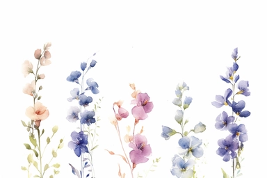 COLLECTION OF enchanted BLUE BELL FLOWERS AND LAVENDER FLOWERS flowers SET ON A ROW, GREEN LEAVES COVER IN BETWEEN, WATERCOLOR HAND PAINTED clipart, WATERCOLOR AIRY PASTEL COLORS, VISIBLE WATERCOLOR BRUSH TOUCHES, DREAMY AND ELEGANT, COLORFUL DREAMY FLOWERS, white background, WATERCOLOR 8k,