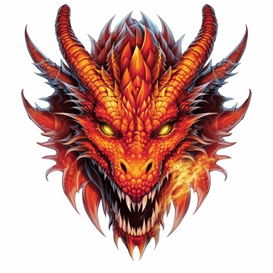 Create a stunning clipart of an enormous dragon majestically crowned with brilliant flames. The dragon should be drawn in a realistic style, with careful attention to detail, capturing the intricacies of its scales and its piercing gaze. The flames should be fierce and dramatic, giving the dragon a formidable presence. To add a touch of artistic flair, create the drawing in a gorgeous watercolor style against a plain, high contrasted background, giving the dragon an ethereal and mystical quality