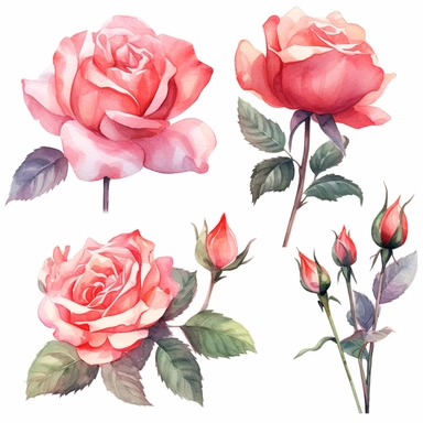 Artistic illustrations of watercolor roses, showcasing different angles and perspectives. clipart. watercolor. outlined. white background