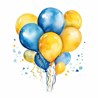 cute blue yellow birthday balloons clipart, for childish cards, detail, illustration style, high solution, Watercolor, on the white background